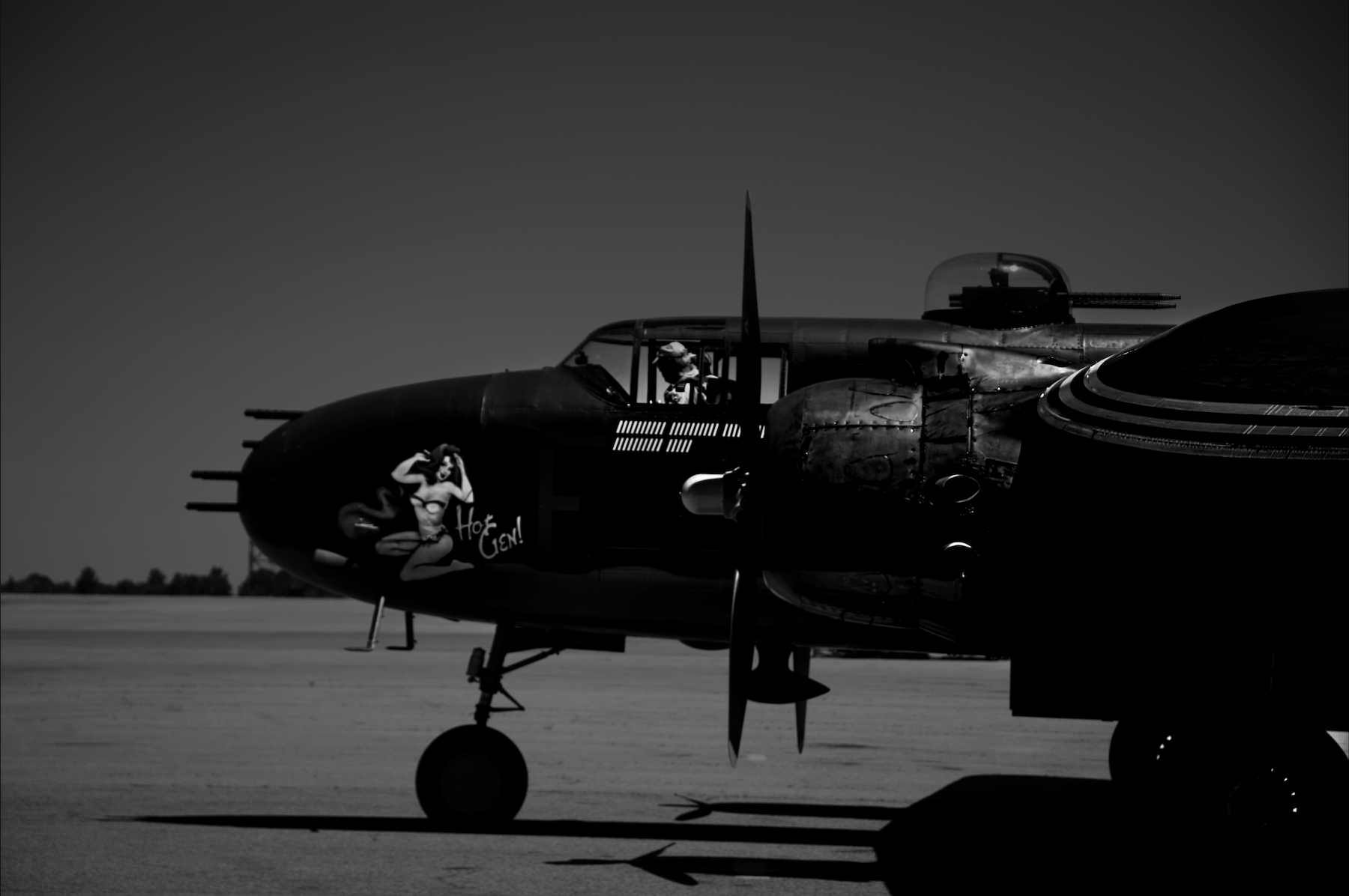 a black and white photograph of a b-25 bomber located at Hamilton ontario