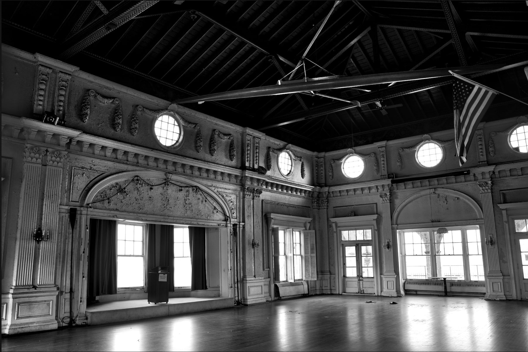 inside the abandoned upper floor ballroom of the Detroit rowing club building