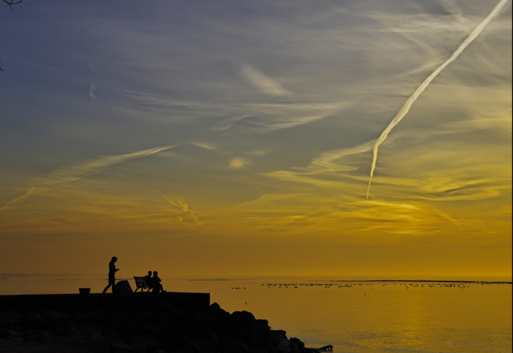 a silhouette of a mom with her children on a park bench with a sunrise in the background