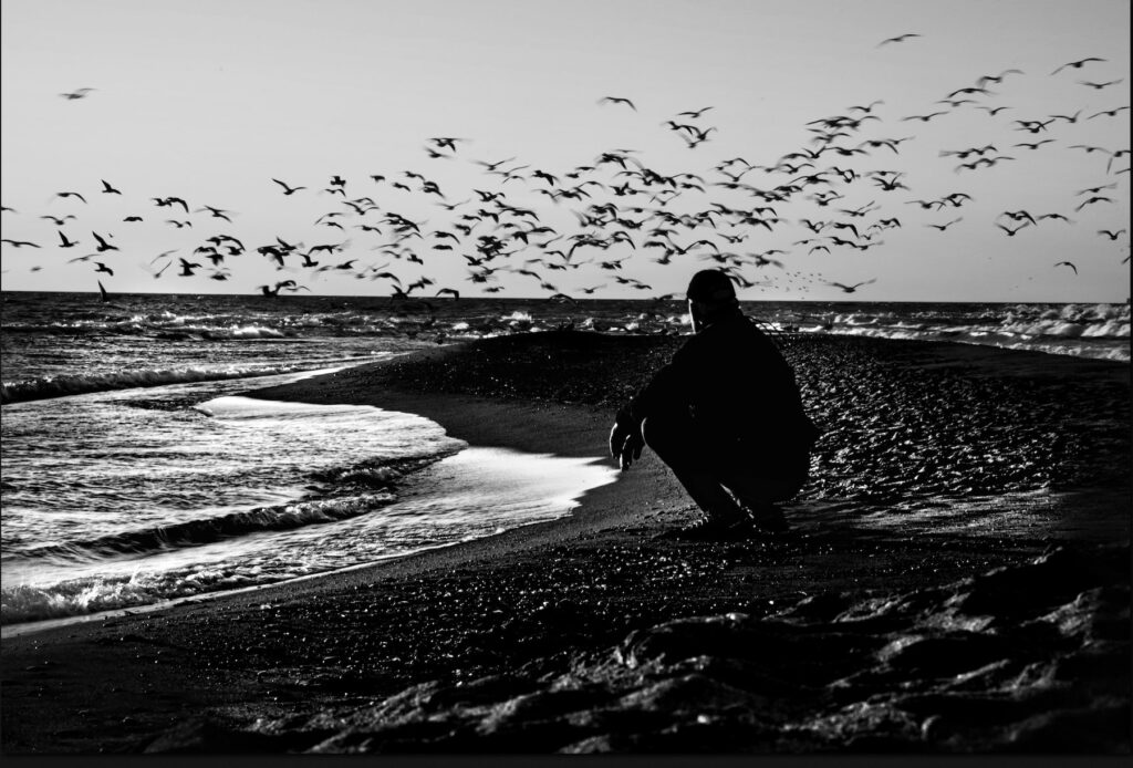 a man siting on a beach with a larger group of seagulls taking off in the background